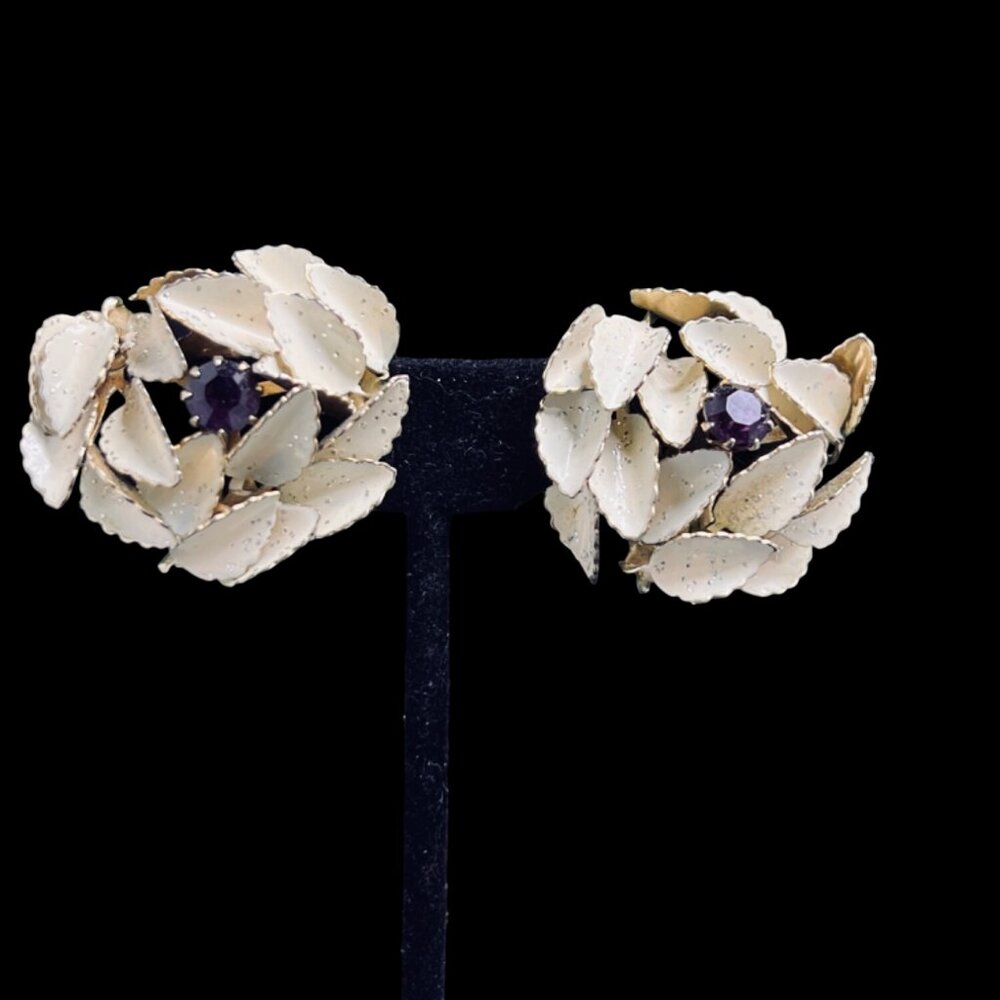 Gold Tone, White With Gold Glitter & Purple Rhinestone Clip On Earrings (5247)